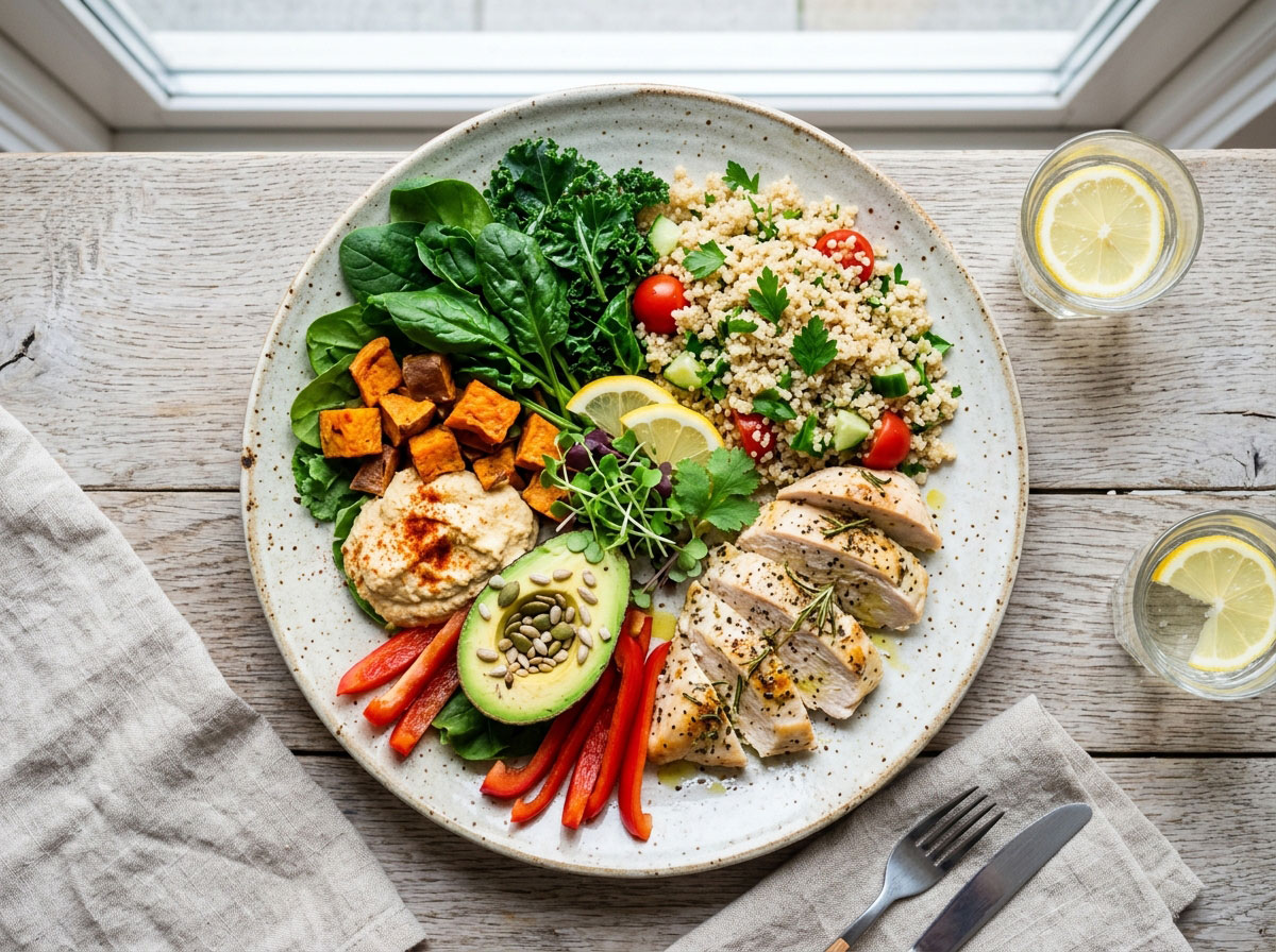 Talíř s vyváženým zdravým jídlem — zelenina, quinoa a kuřecí maso